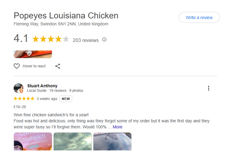 Popeyes Swindon Reviews From Google