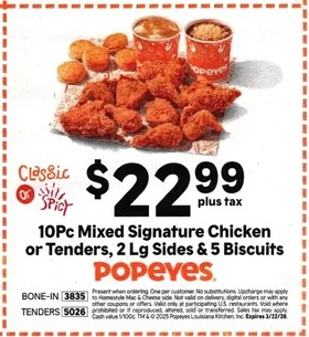 10pc Mixed Signature Chicken or Tenders, 2 Lg Sides & 5 Biscuit