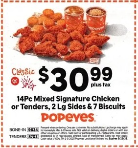 14pc Mixed signature chicken or Tenders, 2 lg Sides & 7 Biscuits